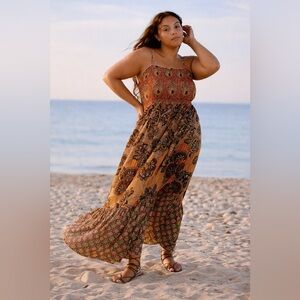 Anthropologie Jamila Boho Maxi Dress L Smocked Tiered Floral Beachy Festival